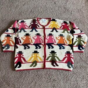 Vintage 90s Multi Colored 100% Wool Handknit Button Down Cardigan Sweater